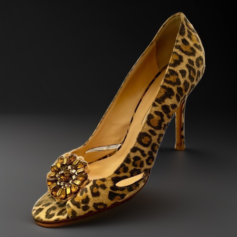 Manolo Blahnik Vintage Suede Leopard Print Open-Toe Pump Shoe Size 9.5
